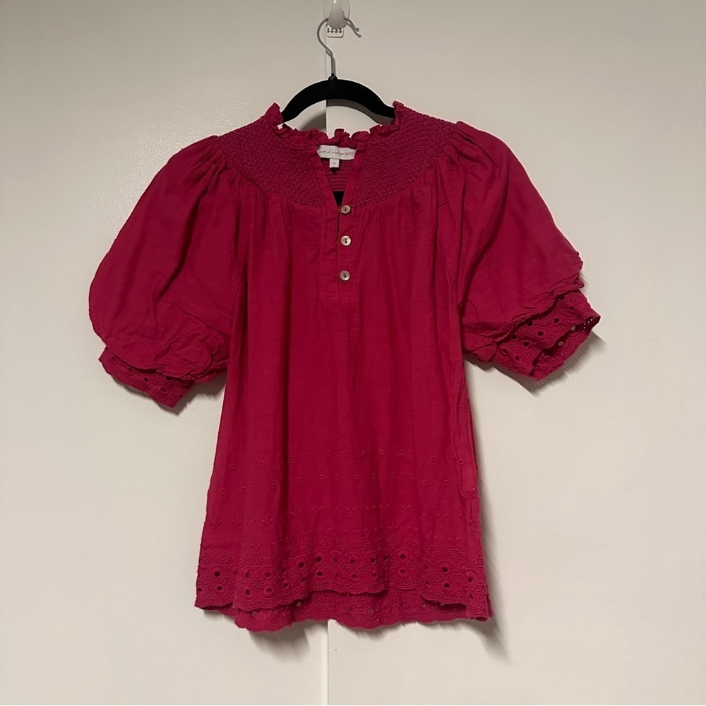 House of Harlow 1960 Puff Sleeve Smocked Eyelet Blouse Pink Small